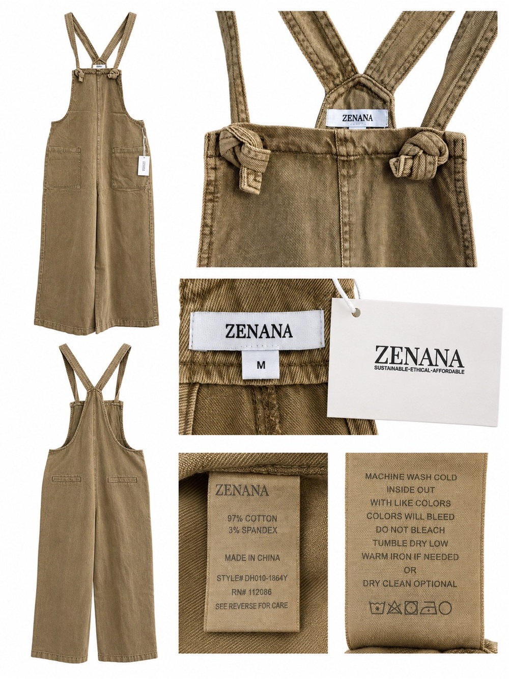 NWT Zenana Khaki Denim Overall Jumpsuit Womens M Wide Leg Tie Strap Pockets - Picture 3 of 4